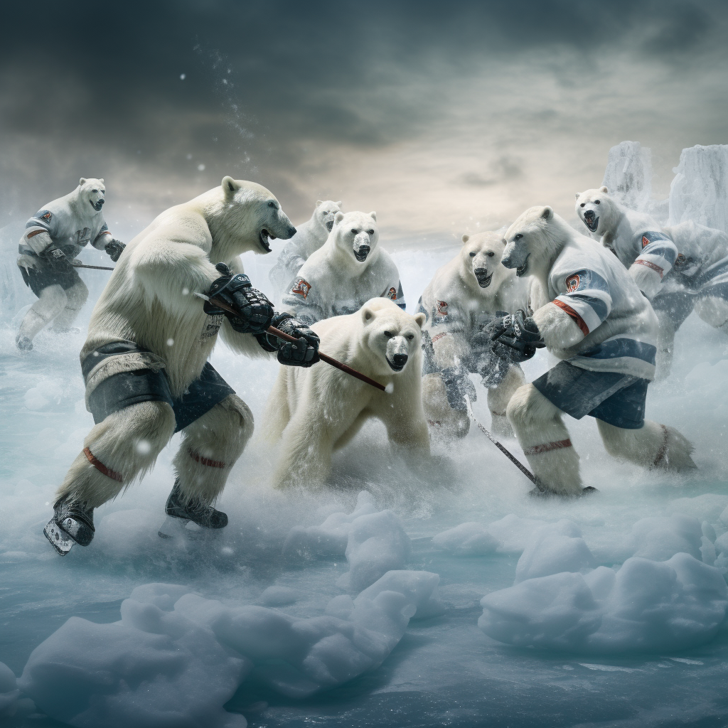 hockey game played on ice pack by polar bears 